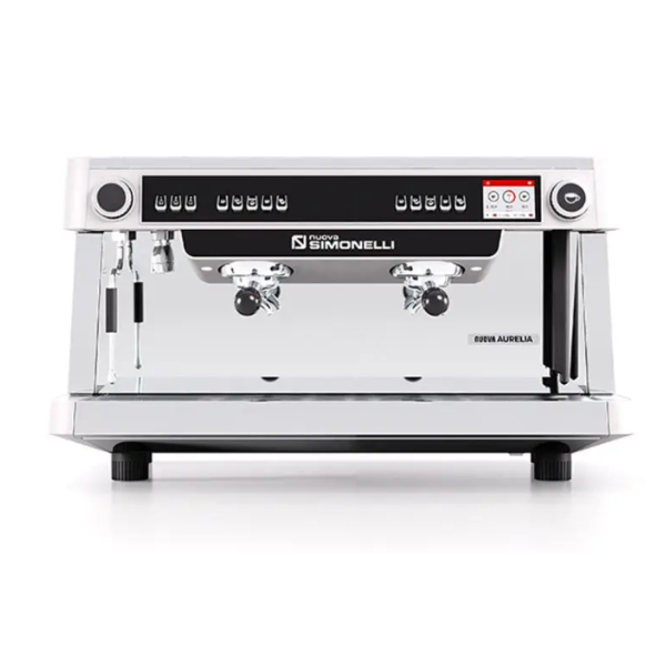 Nuova Simonelli Aurelia XT commercial espresso machine, front view, with two group heads, steam wands, control buttons, and pressure gauges in a stainless steel body. Nuova Simonelli Aurelia XT two-group commercial espresso machine – stainless steel professional coffee maker with programmable controls.